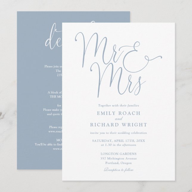Convites Tudo Em Um Casamento De Azul Com Chic Dusty (Frente/Verso)