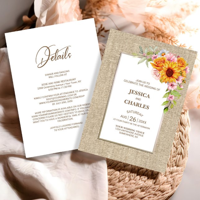 Convites Tudo em Um Casamento de Burlap Floral de Girassol (Criador carregado)