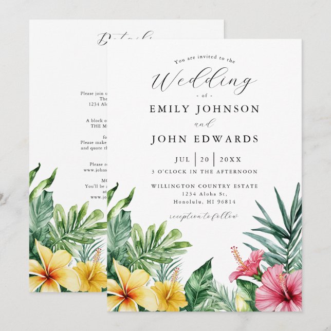 Convites Tudo em Um Casamento de Flores Tropicais em Aquare (Frente/Verso)