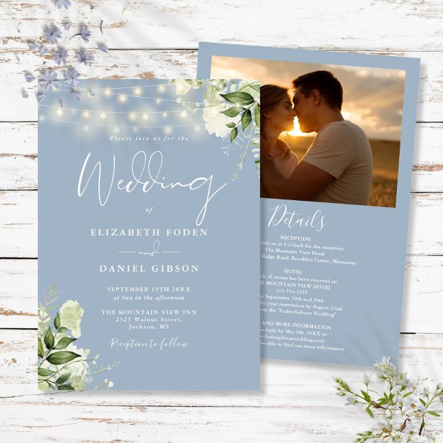 Convites Tudo Em Um Casamento De Foto Azul E Azul (All In One Dusty Blue Greenery Light Photo Wedding Invitation)