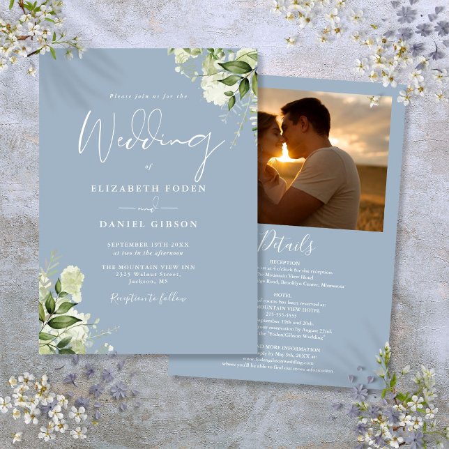 Convites Tudo Em Um Casamento De Foto De Verde Azul (All In One Dusty Blue Greenery Photo Wedding Invitation)