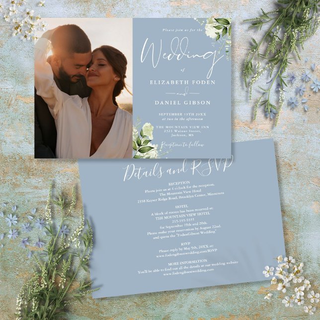 Convites Tudo Em Um Casamento De Foto De Verde Floresta Azu (All In One Dusty Blue Greenery Photo Wedding Invitation)