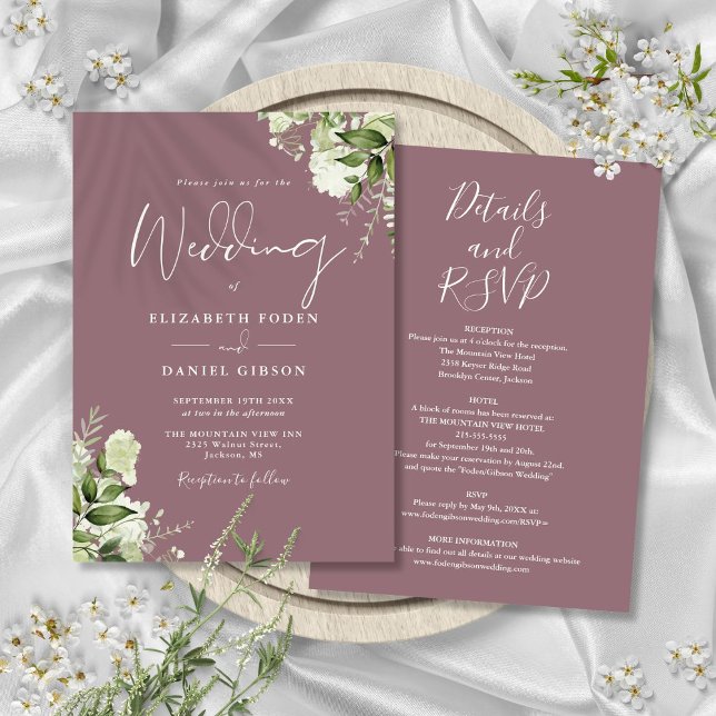 Convites Tudo Em Um Casamento De Palavra De Mauve Greenery (All In One Mauve Greenery Floral Wedding Invitation)