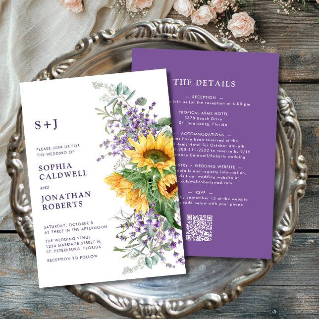 Convites Tudo em um casamento entre girassol e Lavanda (All in One Sunflower and Lavender Monogram Wedding Invitation)