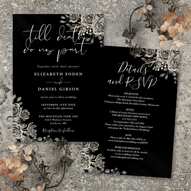 Convites Tudo Em Um Casamento Floral Gótico Preto e Branco (All In One Black And White Gothic Floral Wedding Invitation)