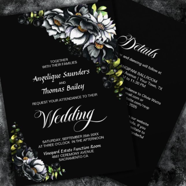 Convites Tudo Em Um Casamento Floral Negro Moody (Criador carregado)