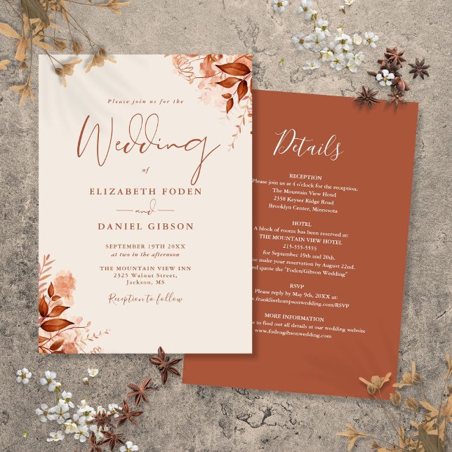 Convites Tudo Em Um Casamento Floral Rústico de Outono (All In One Rustic Autumn Fall Floral Wedding Invitation)