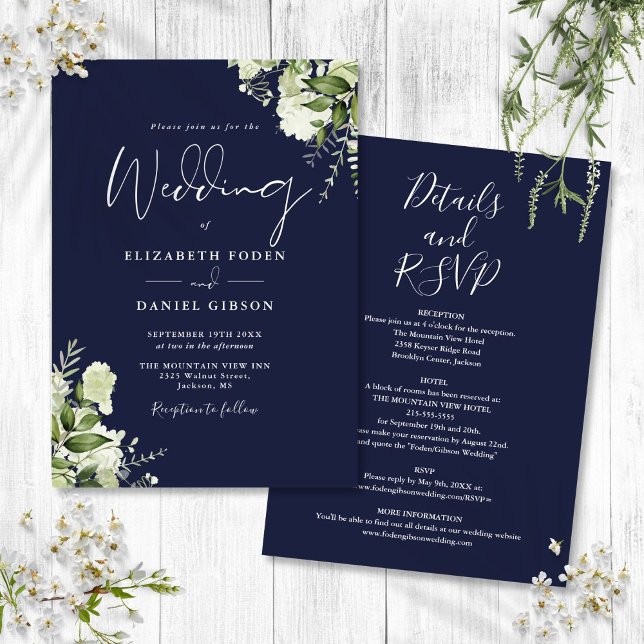 Convites Tudo Em Um Casamento Floral Verde Naval (All In One Navy Blue Greenery Floral Wedding Invitation)