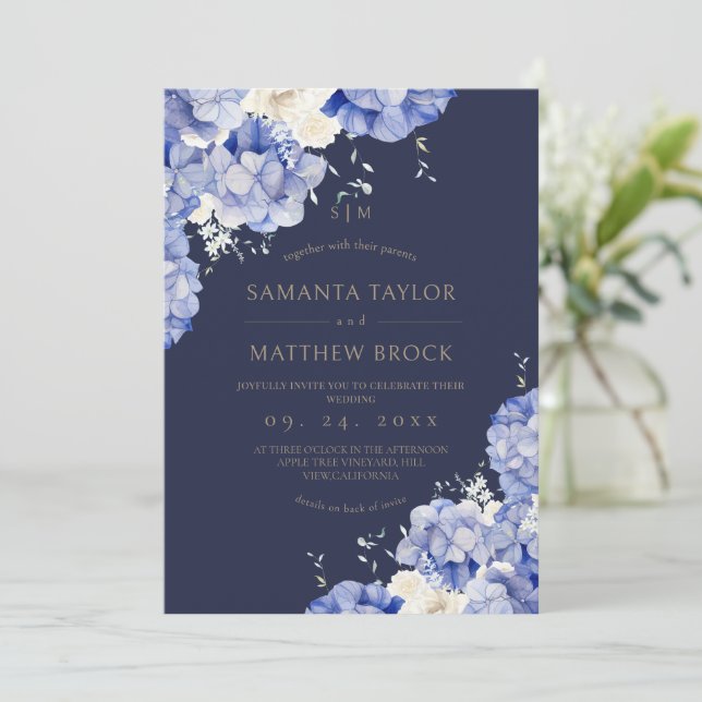 Convites Tudo em Um Casamento Moderno⎮Flores Navy (Em pé/Frente)