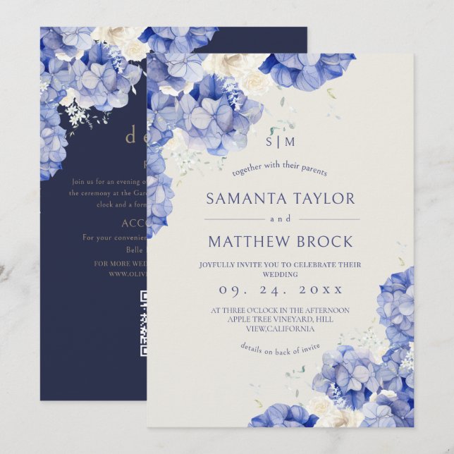 Convites Tudo em Um Casamento Moderno⎮Flores Navy Marfim (Frente/Verso)