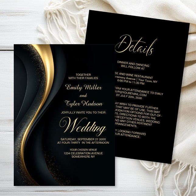 Convites Tudo em Um Casamento Moderno Preto e Dourado (Criador carregado)