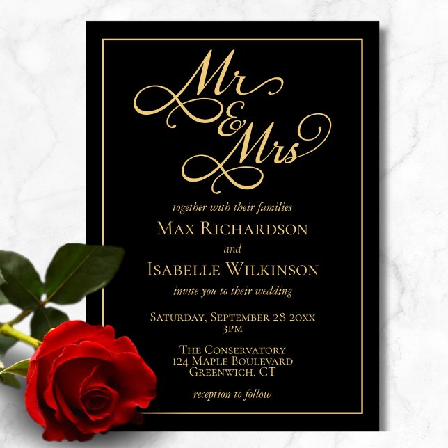 Convites Tudo em um casamento negro e Dourado legante (Chic elegant all in one black and gold wedding invitation, mr and mrs, script calligraphy typography)