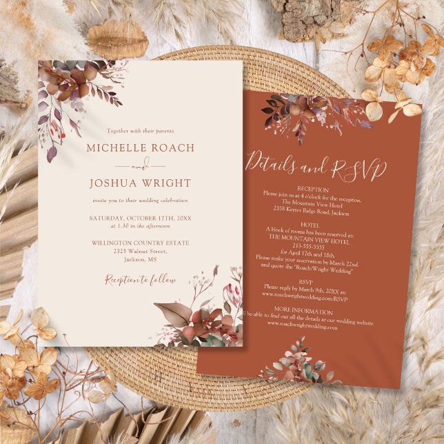 Convites Tudo Em Um Casamento outono De Outono Russo (All In One Rustic Floral Autumn Fall Wedding Invitation)