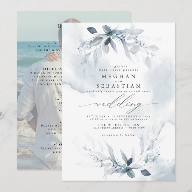 Convites TUDO em UM Casamento personalizado Dusty Blue (Frente/Verso)