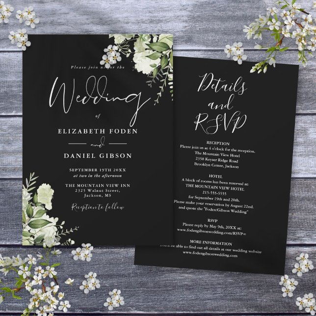 Convites Tudo Em Um Casamento Preto E Branco Com Folhagens (All In One Dusty Black And White Greenery Wedding Invitation)