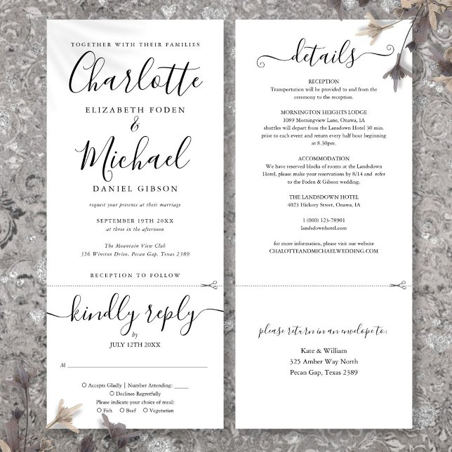 Convites Tudo Em Um Casamento Preto E Branco Com Letra Eleg (All In One Black And White Elegant Script Wedding Invitation)