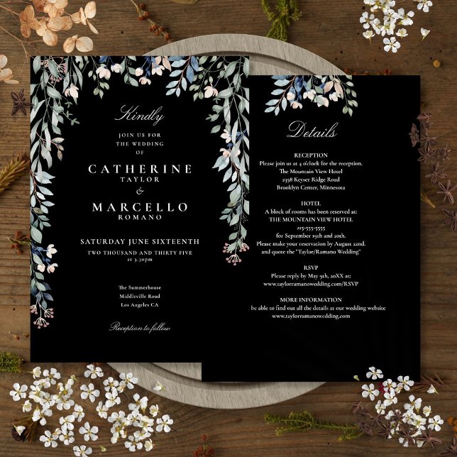 Convites Tudo Em Um Casamento Preto E Branco Floral (All In One Floral Black And White Wedding Invitation)