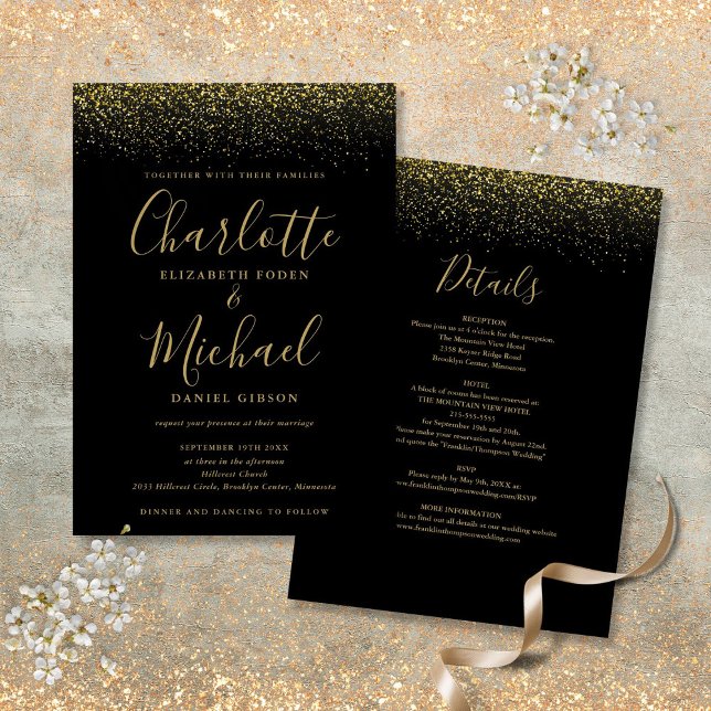 Convites Tudo Em Um Casamento Preto e Dourado com Brilho Ro (All In One Black And Gold Glitter Script Wedding Invitation)