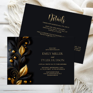 Convites Tudo em Um Casamento Preto e Dourado com Folhas