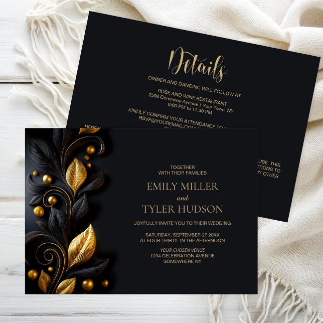 Convites Tudo em Um Casamento Preto e Dourado com Folhas (Criador carregado)