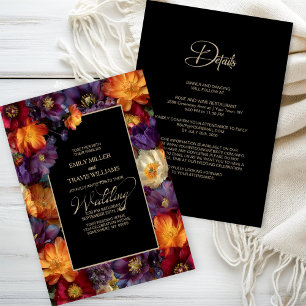 Convites Tudo em Um Casamento Preto Floral Roxo e Laranja