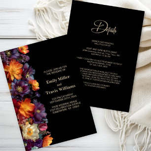 Convites Tudo em Um Casamento Preto Floral Roxo e Laranja