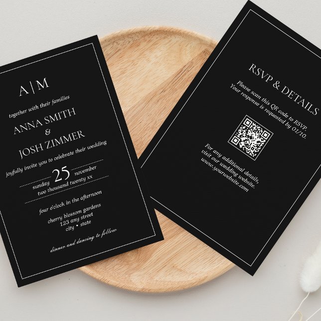 Convites Tudo em um código de QR mínimo preto e branco (All in one Black Invitation with QR code - classy, elegant, modern typography)