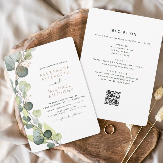 Convites Tudo em um código Eucalyptus QR Casamento Verde (Criador carregado)
