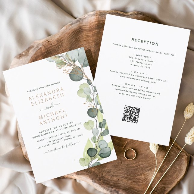Convites Tudo em um código Eucalyptus QR Casamento Verde (Criador carregado)