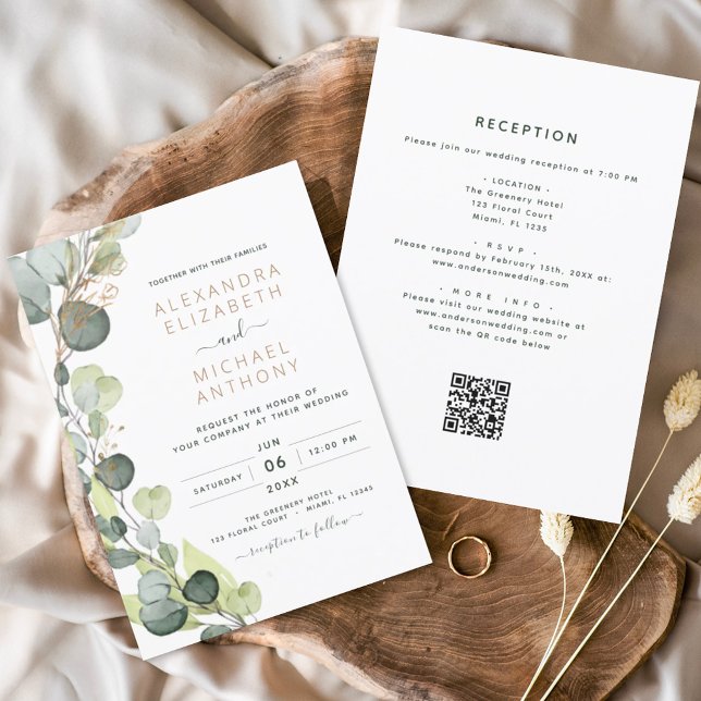 Convites Tudo em um código Eucalyptus QR Casamento Verde (Criador carregado)
