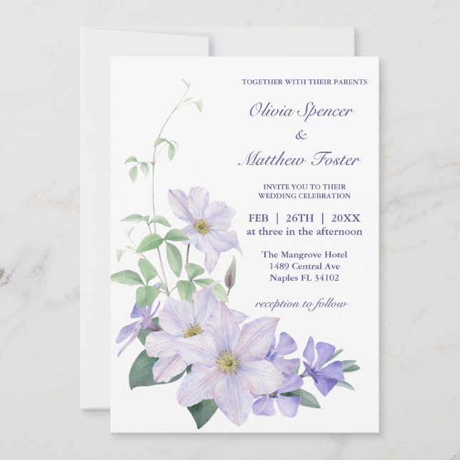 Convites Tudo em um, com o e o periwinkle clematis Wedding (Frente)