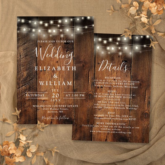 Convites Tudo Em Um Conjunto de Luzes de Corda de Madeira d (All In One Rustic Barn Wood String Lights Wedding Invitation)