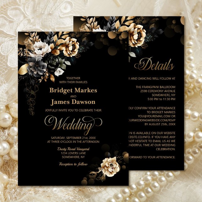 Convites Tudo Em Um Dourado Casamento Floral Negro Moody (Criador carregado)