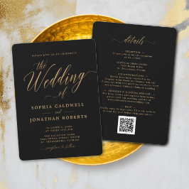 Convites Tudo em Um Elegante Dourado Caligrafia Preto Casam
