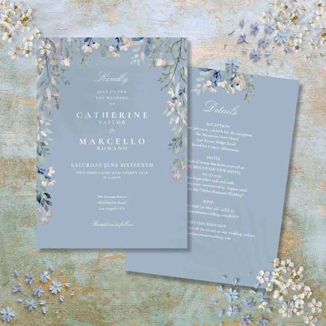 Convites Tudo em Um Floral de Noiva com Flores Silvestres e (All In One Dusty Blue Wildflowers Floral Wedding Invitation)