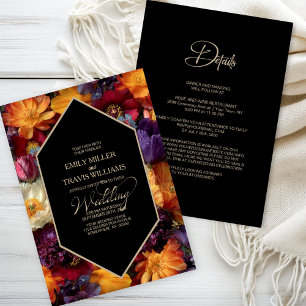 Convites Tudo em Um Floral Roxo e Laranja Casamento Preto