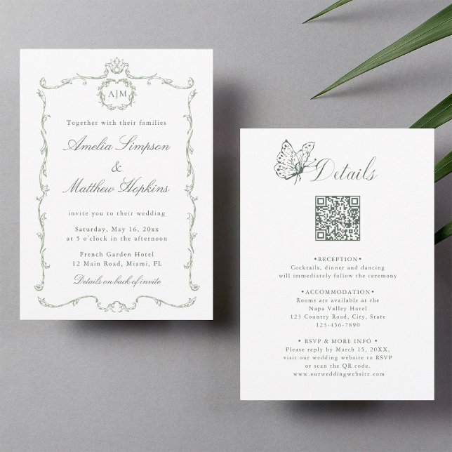 Convites Tudo em Um Moderno Clássico Casamento Verde Sage (Front & Back)