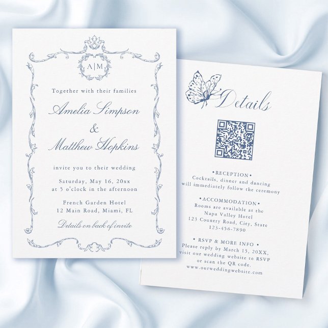 Convites Tudo em Um Moderno Clássico Francês Casamento Azul (Front & Back)