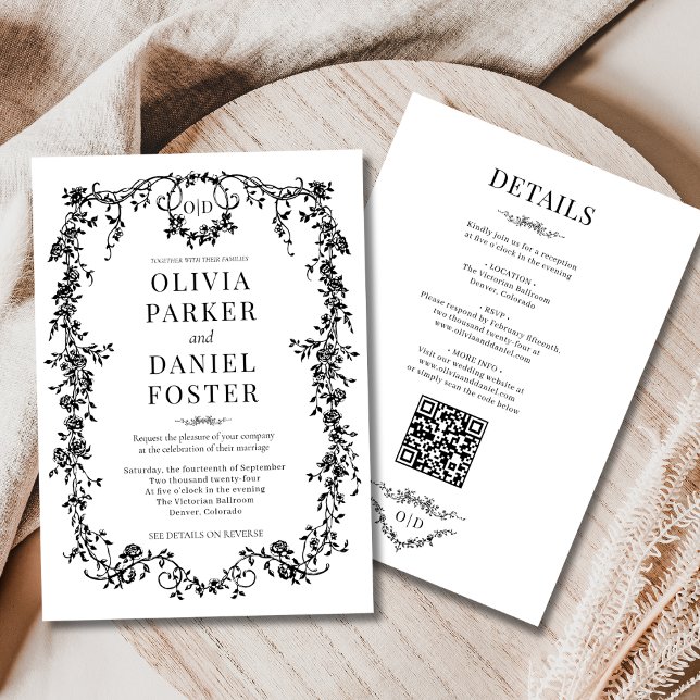 Convites Tudo em Um Monograma de Casamento Preto Vitoriano (Criador carregado)