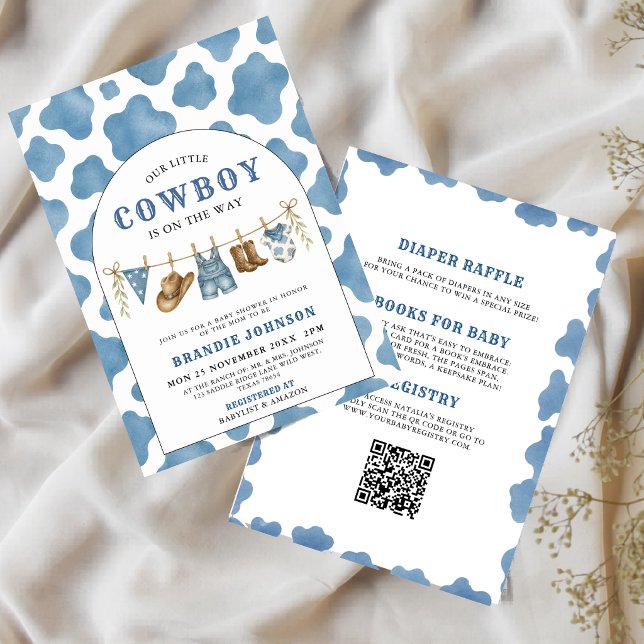 Convites Tudo em Um Pequeno Cowboy Azul QR Code Chá de Bebê (Criador carregado)