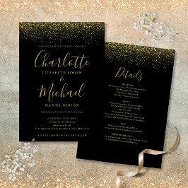 Convites Tudo Em Um Preto E Dourado Brilho Script Casamento