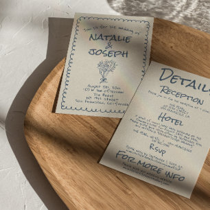 Convites Tudo em Um Retro Azul Marinho Casamento Desenhado