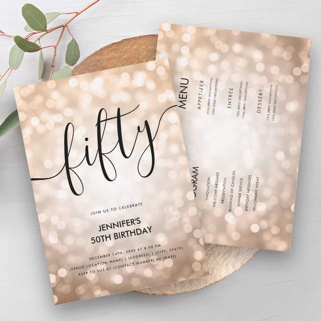 Convites Tudo Em Um Rosa Dourado Luz De Brilho 50 Aniversár (All In One Rose Gold Glitter Lights 50 Birthday Invitation)