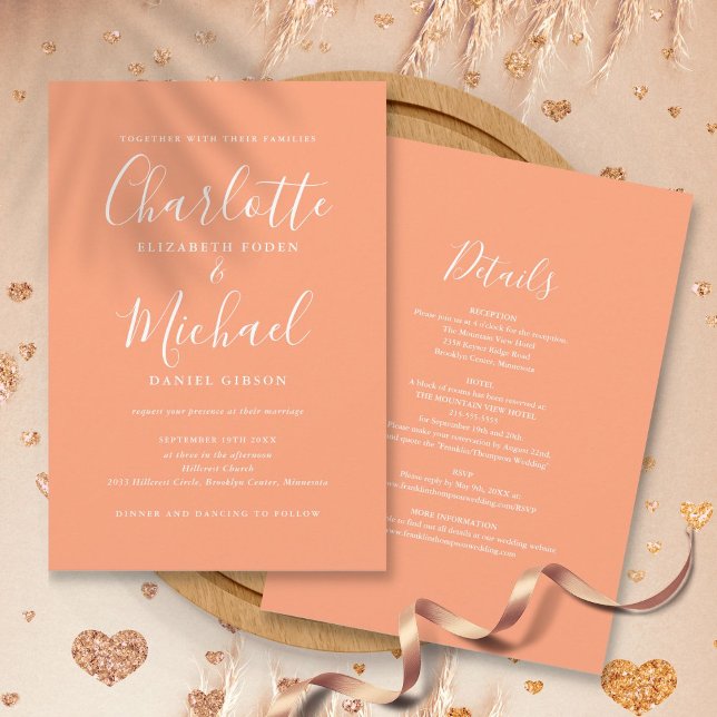 Convites Tudo Em Um Script Moderno Elegante Casamento Pêsse (All In One Elegant Modern Script Peach Wedding Invitation)