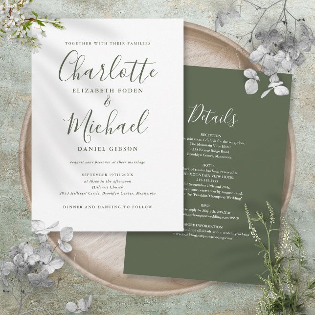 Convites Tudo Em Um Simples Casamento de Roteiro Oliva Verd (All In One Simple Olive Green Script Wedding Invitation)