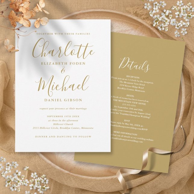 Convites Tudo Em Um Simples Casamento Dourado Elegante (All In One Simple Elegant Gold Script Wedding Invitation)