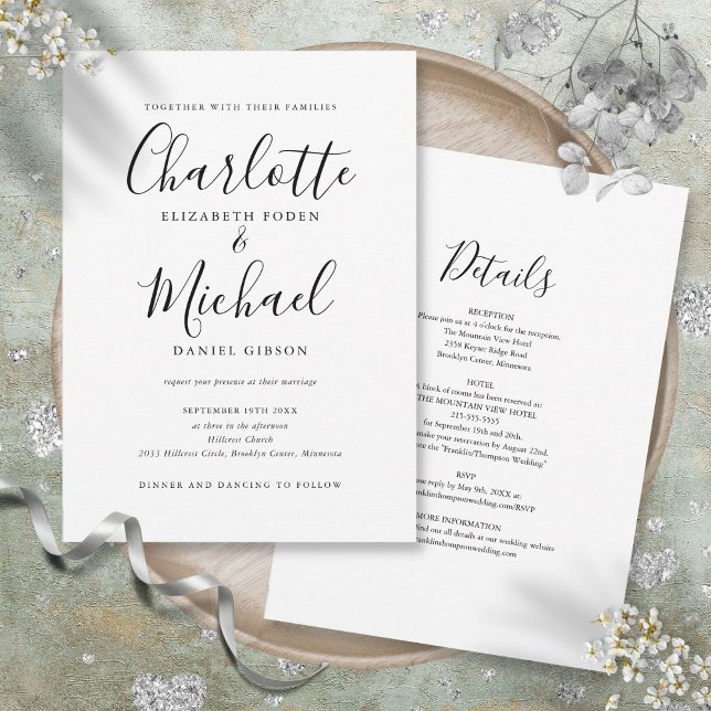 Convites Tudo Em Um Simples Casamento Preto E Branco (All In One Simple Black And White Script Wedding Invitation)