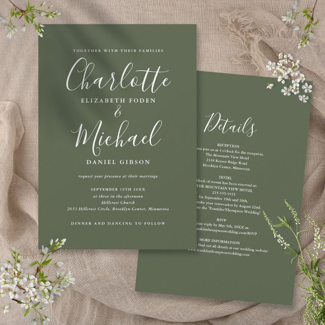 Convites Tudo Em Um Simples Elegante Roteiro Oliva Casament (All In One Simple Elegant Script Olive Wedding Invitation)