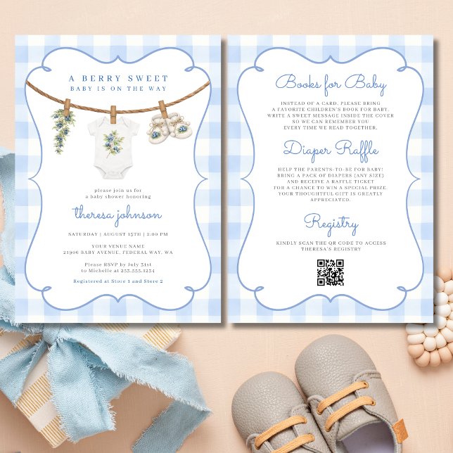 Convites Tudo em Um Varal de Roupas de Mirtilo para Chá de  (All in One Blueberry Clothesline Baby Shower Invitation)