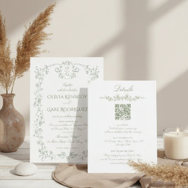 Convites Tudo em Um Verde Sage Floral Francês com QR Casame